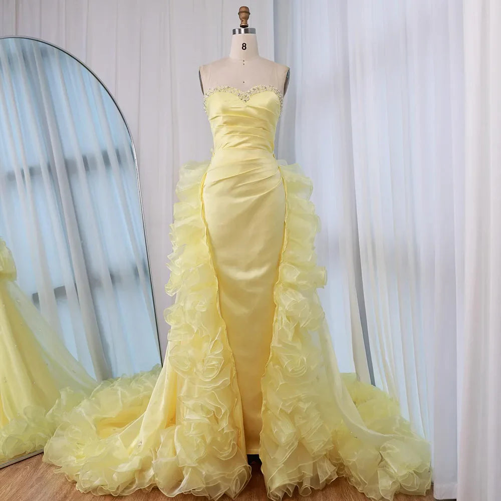 Luxury Dubai Evening Gown for Formal Occasion Elegant Yellow Dress with Ruffles and Beaded Details LA72889