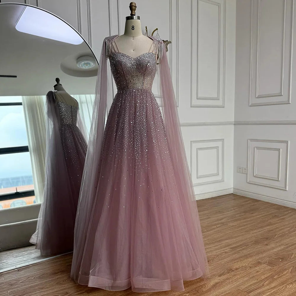 Luxury Pink Tulle Beaded A-Line Evening Dress with Cape Sleeves LA73072