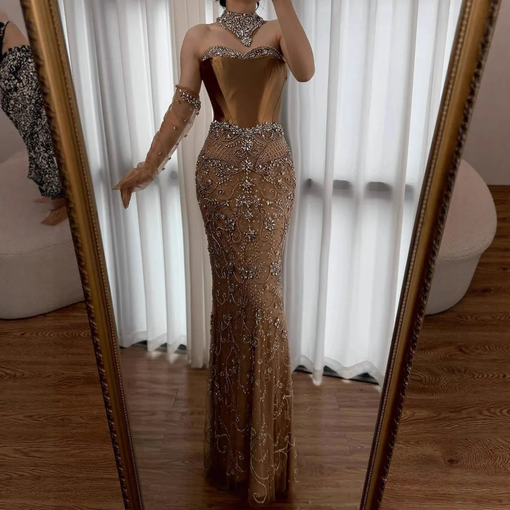 Luxury Beaded Corset Evening Dress Sheer Long Gloves LA72929