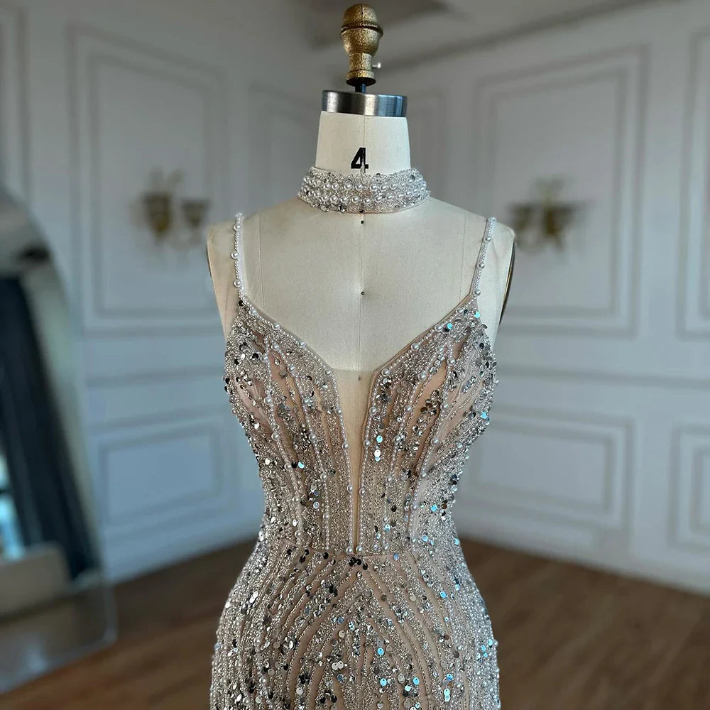 White Nude Beaded Evening Dress with Spaghetti Straps LA72047D