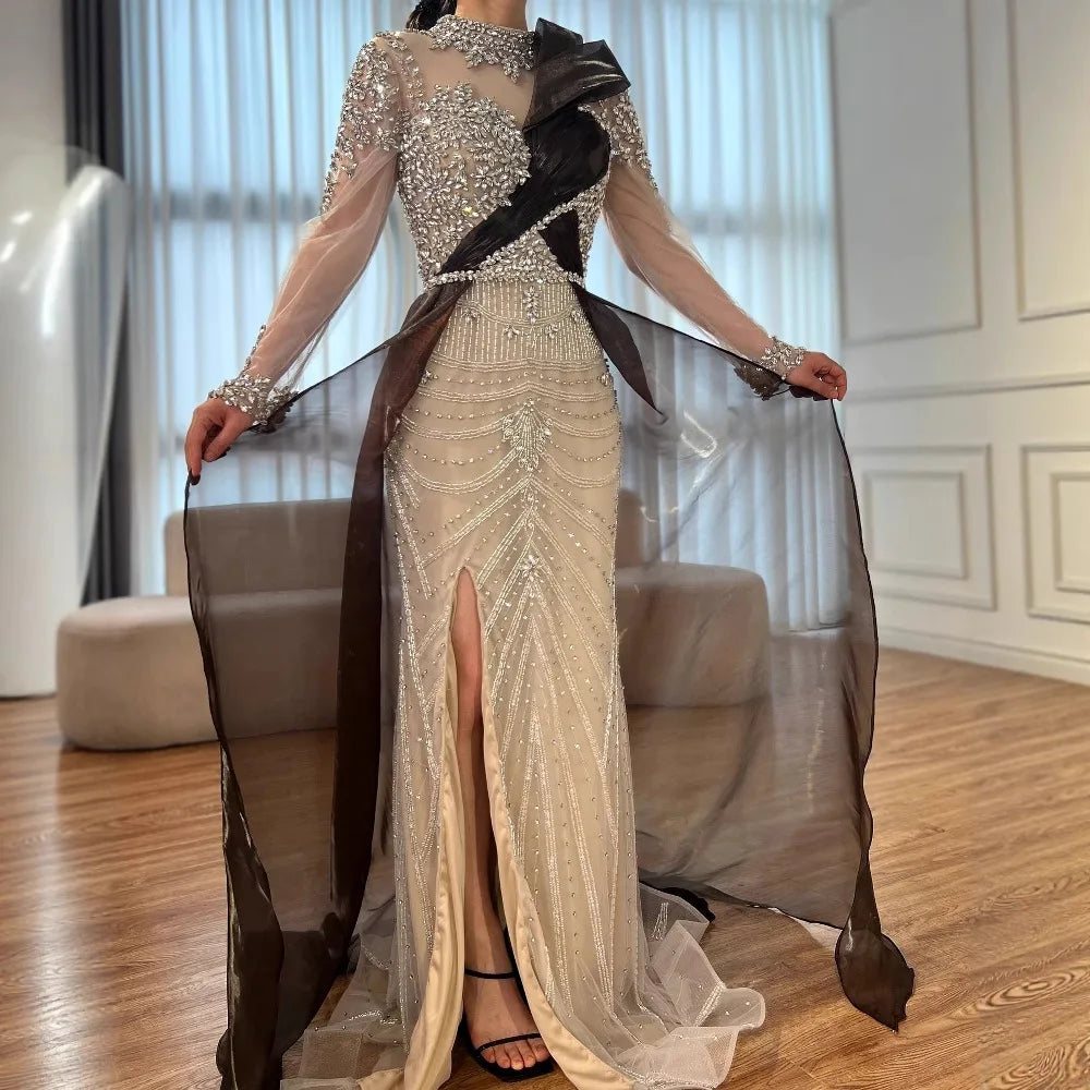 Silver Nude Beaded Long Sleeve Arabic Evening Dress LA72769A