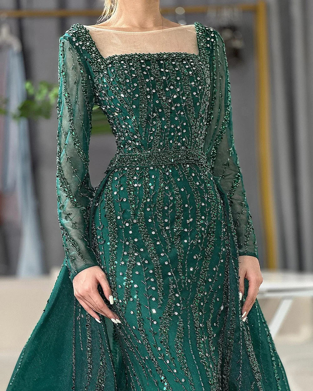 Modest Green Mermaid Evening Dress with Overskirt LA72710