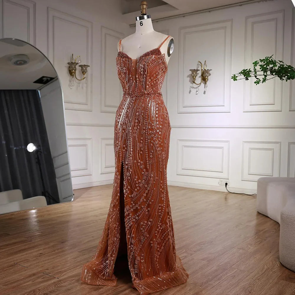 Orange Beaded Evening Dress with Slit Spaghetti Straps LA72542