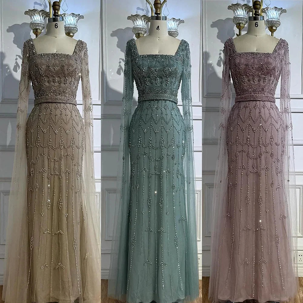 Luxury Arabic Caramel Beaded Evening Dress with Cape Sleeves LA72966A