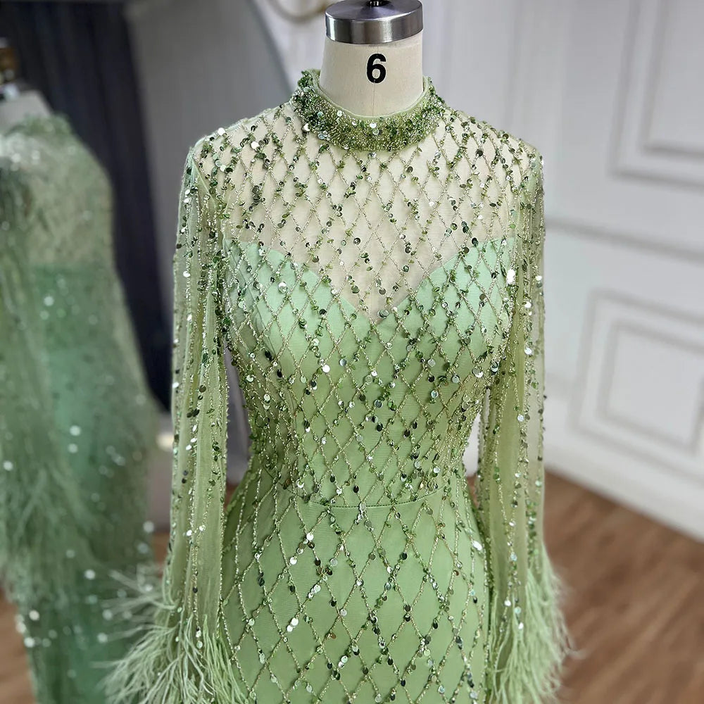Luxury Dubai Caramel Beaded Feathers Mermaid Evening Dress LA72394A