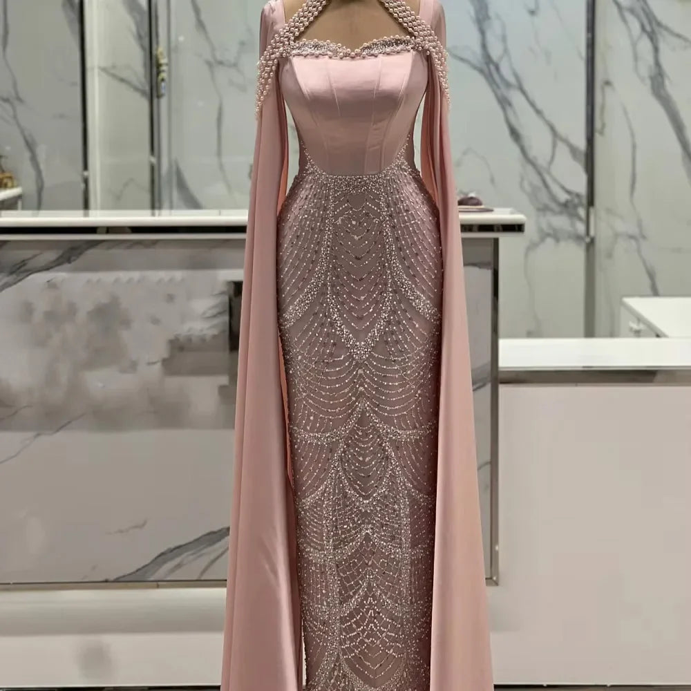 Luxury Arabic Pearls Pink Evening Dress with Cape LA73051