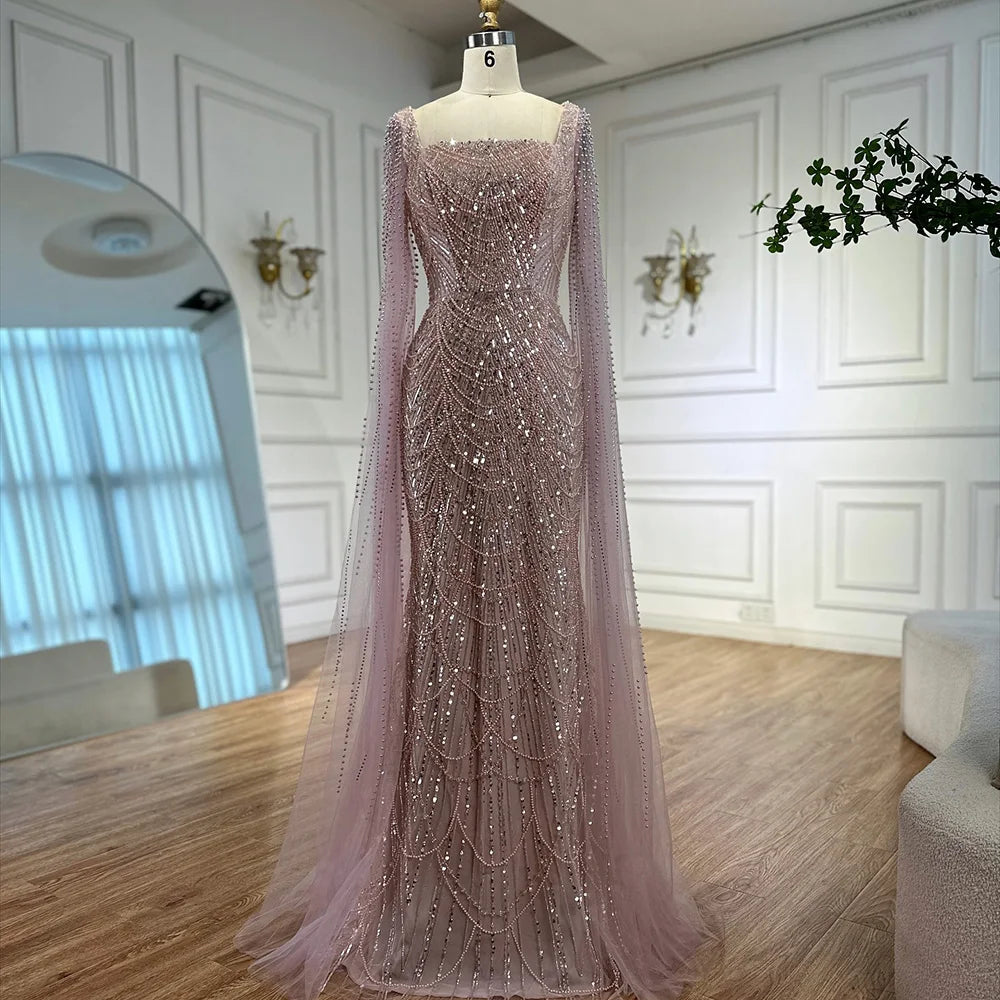Luxury Arabic Mermaid Evening Dress with Cape Sleeves Plus SizeLA72590A
