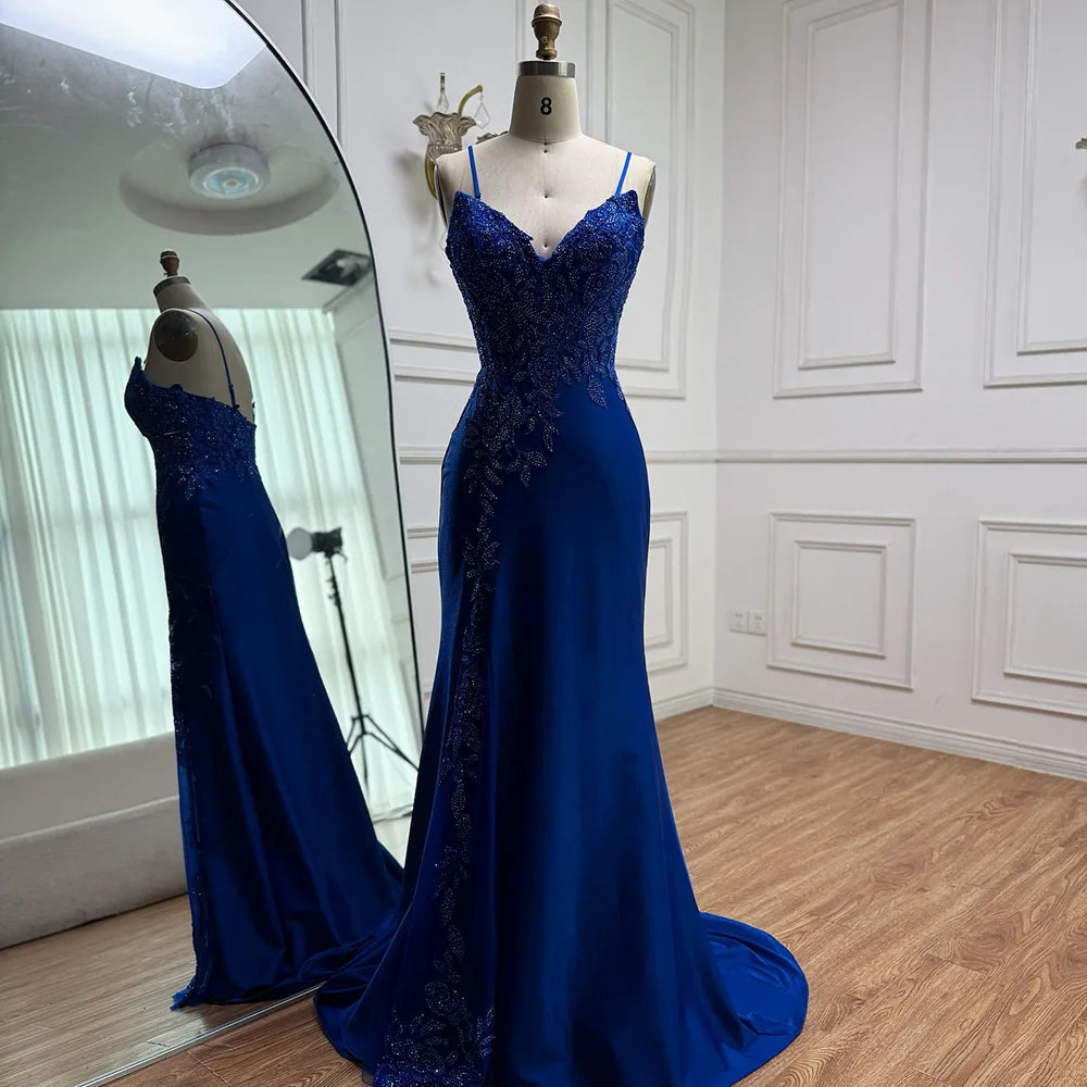 Luxury Navy Blue Lace Slit Prom Dress with Spaghetti Straps LA73041