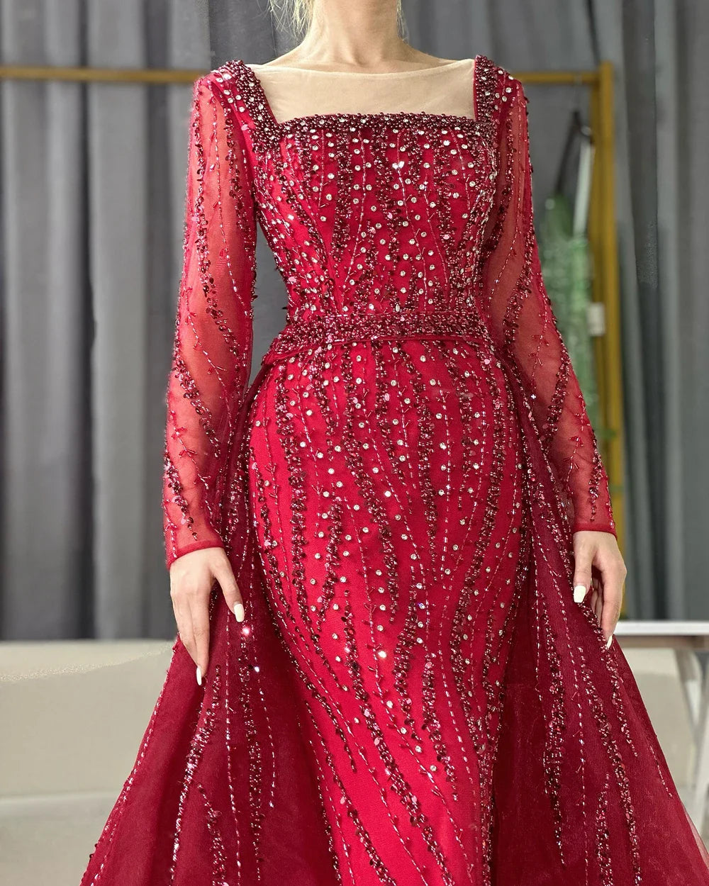 Modest Green Mermaid Evening Dress with Overskirt LA72710