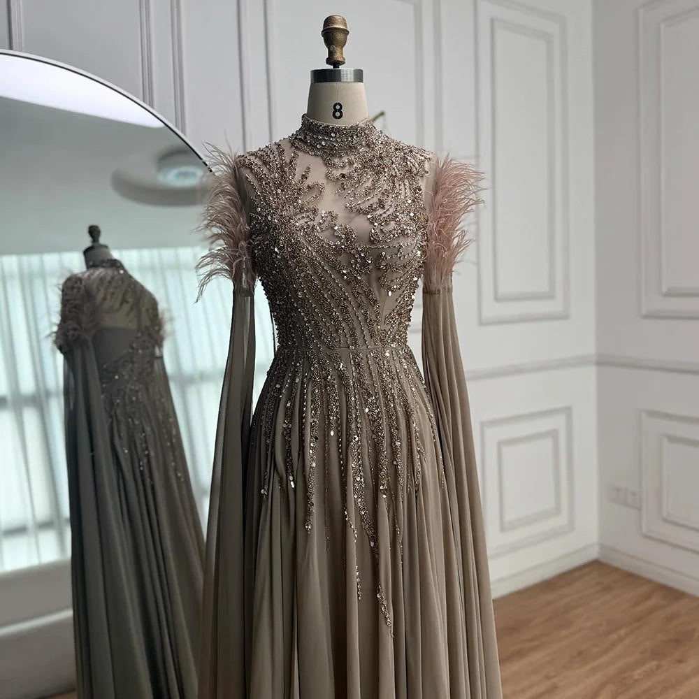 Luxury Pink Feather Beaded Evening Dress with Long Cape Sleeves LA72982