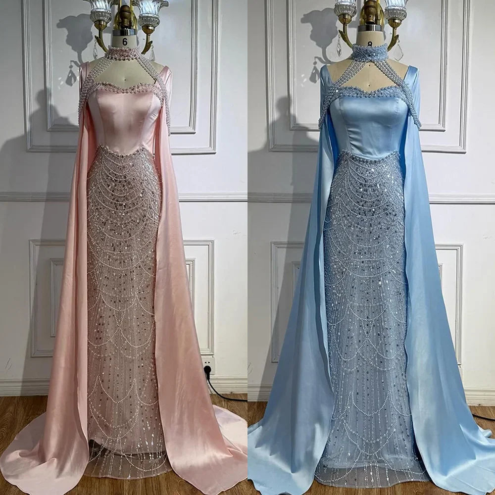 Luxury Arabic Pearls Pink Evening Dress with Cape LA73051