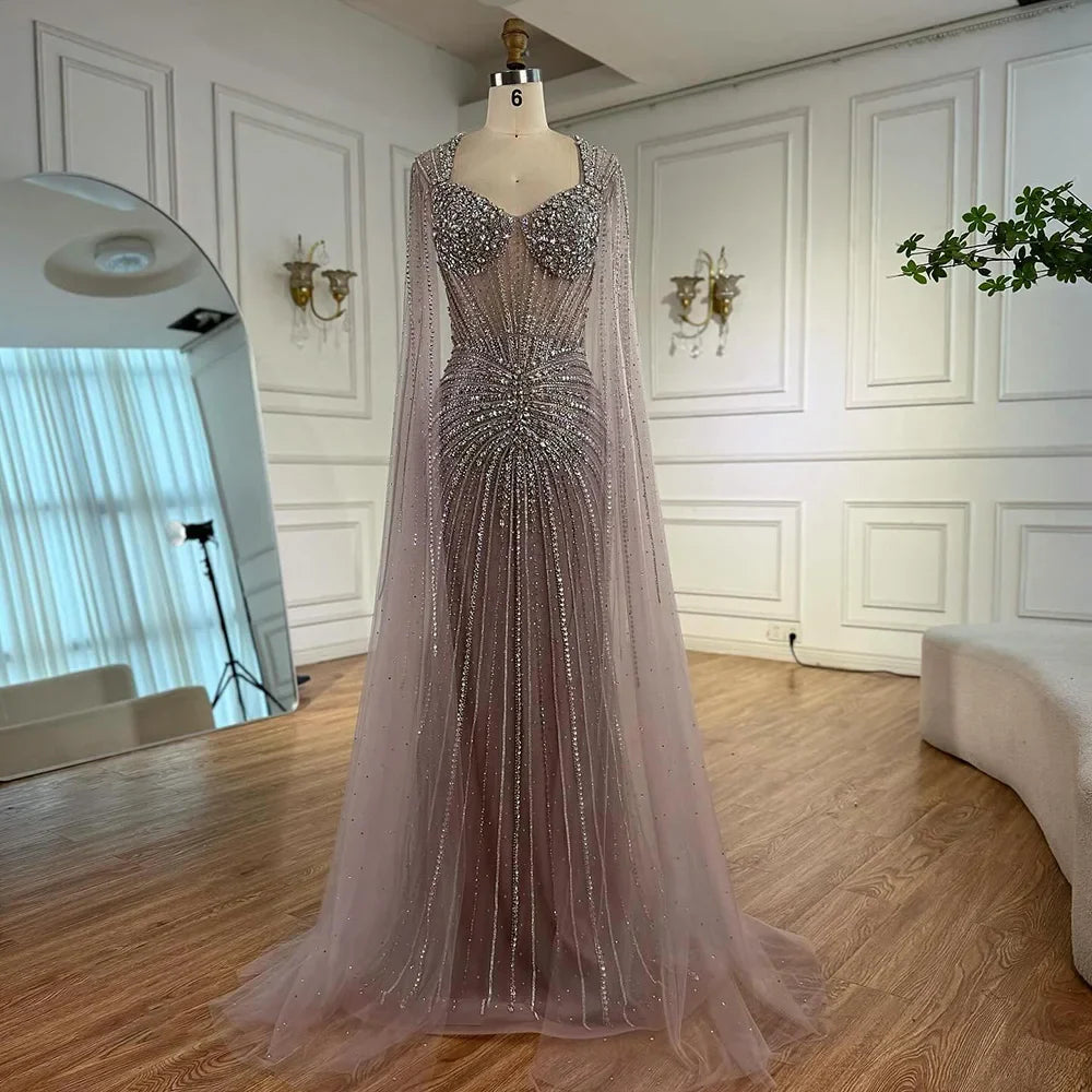 Luxury Nude Beaded Evening Dress with Cape Sleeves LA72575C