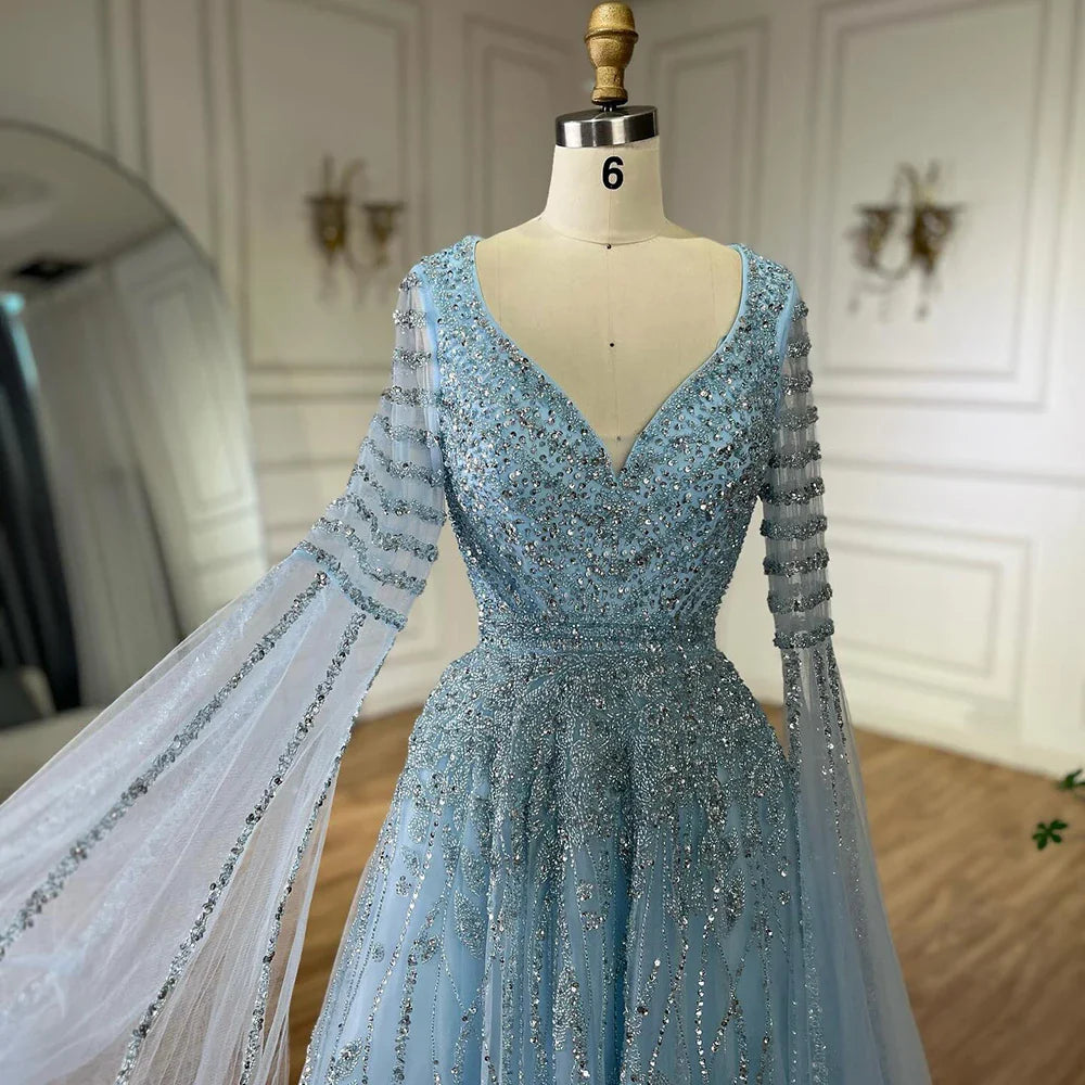 Luxury Dubai Arabic Caramel Elegant A-Line Beaded Long Evening Dresses Gowns with Cape Sleeves for Formal Occasion LA72750