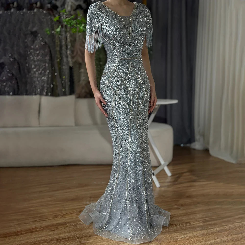 Luxury Dubai Gray Saudi Arabic Evening Gown with Beaded Tassel Dress for Formal Occasion LA72743