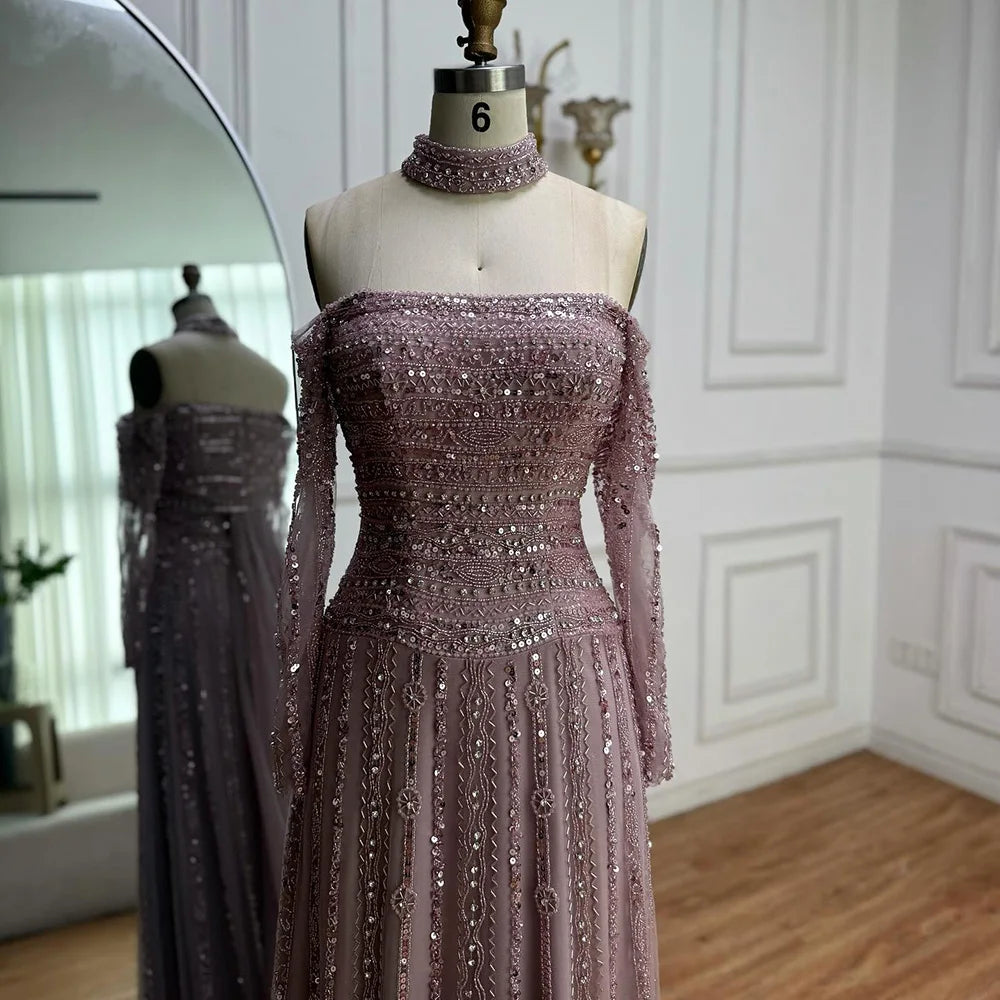 Luxury Caramel Off Shoulder Beaded Mermaid Evening Dress Long Sleeves LA73053