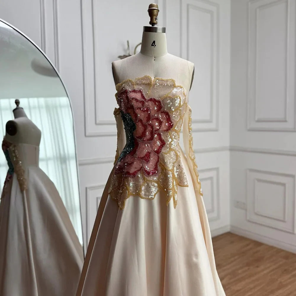 Luxury Chic Arabic Designer Beaded Satin A-Line Evening Dress LA72195B