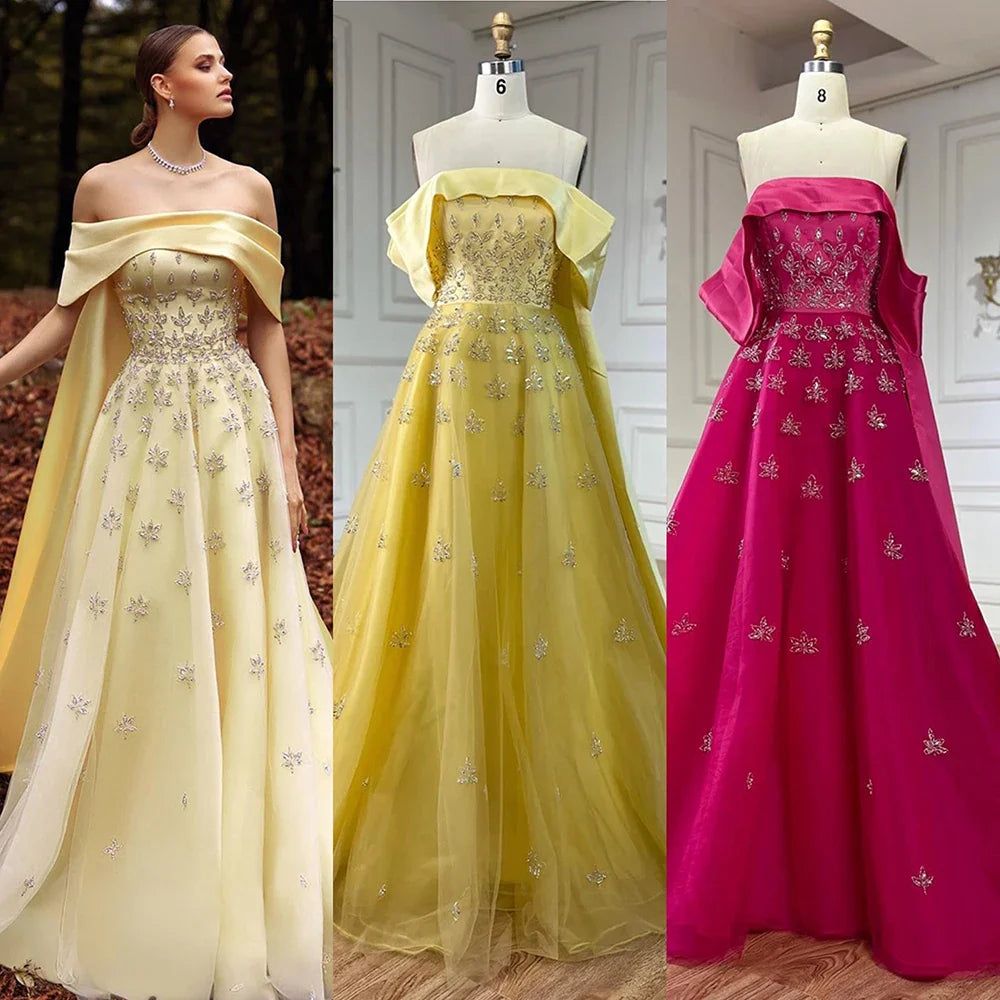 Serene Hill Luxury Dubai Arabic Yellow Elegant Boat Neck Long Evening Dress Beaded Party Gown for Women's Wedding LA72531