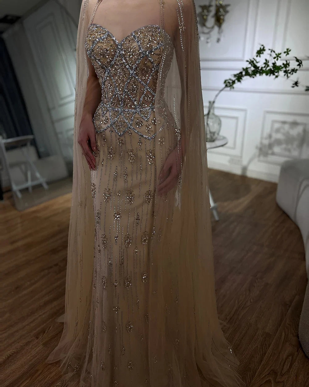 Luxury Dubai Nude Saudi Evening Gown Mermaid Detachable Cape Sleeves Luxury Beaded Dress for Formal Occasion LA72716