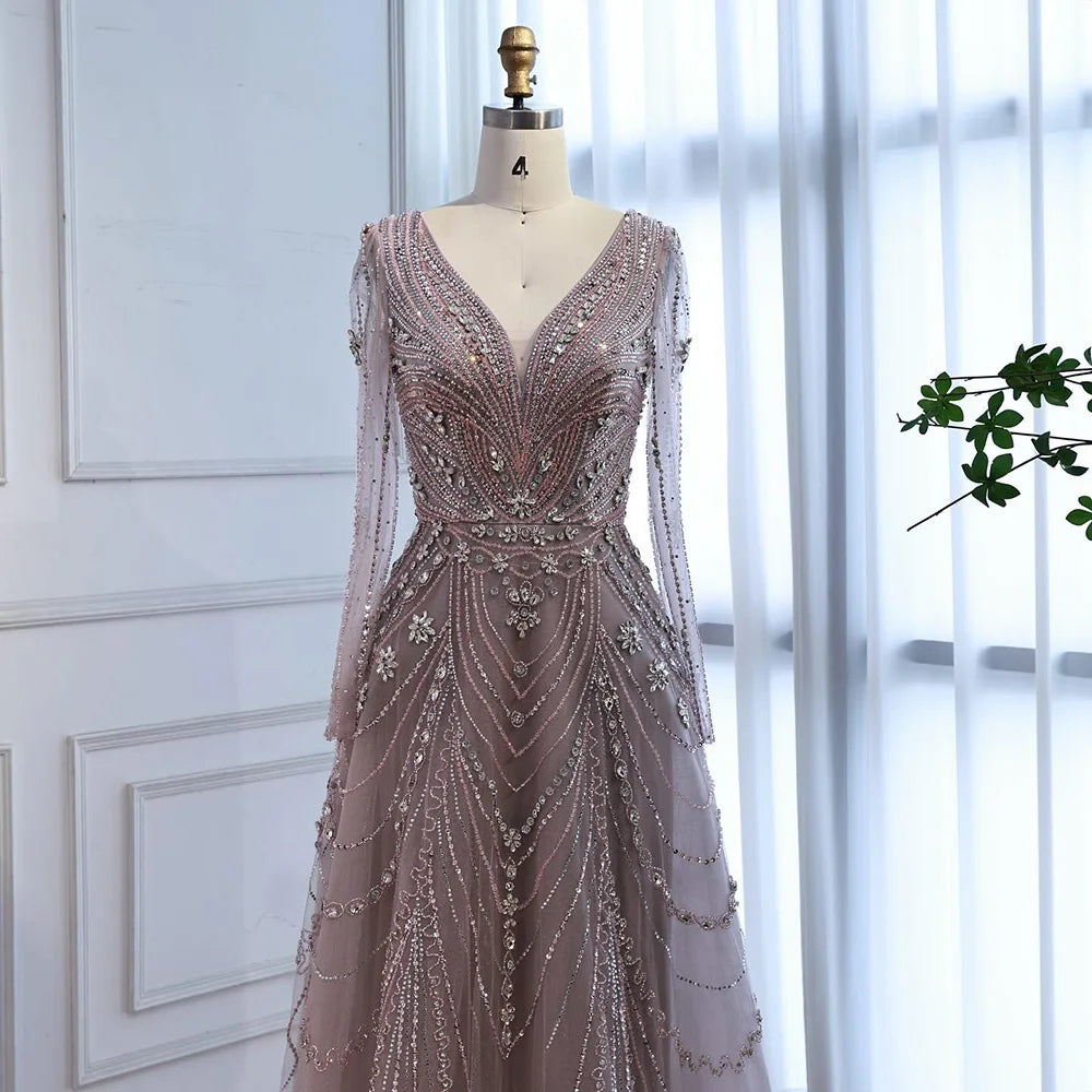 Luxury Pink Beaded A-Line Evening Dress 2025 with V Neck & Long Sleeves LA73114