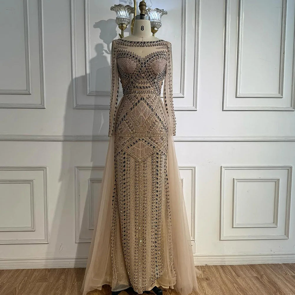 Luxury Dubai Nude Evening Dress With Long Sleeves LA72967
