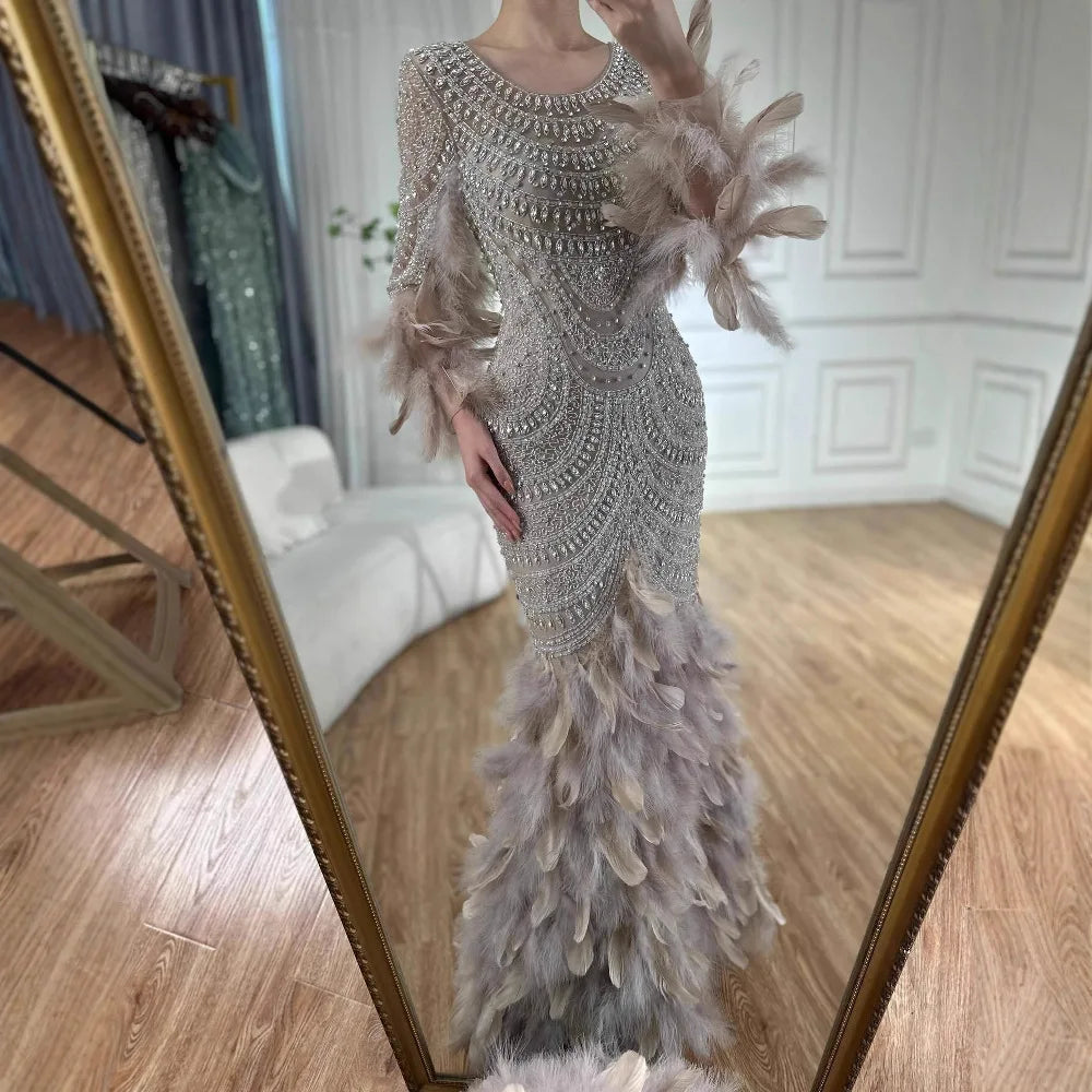 Luxury Dubai Nude Saudi Arabic Evening Gown with Beaded Feathers Dress for Formal Occasion LA72736