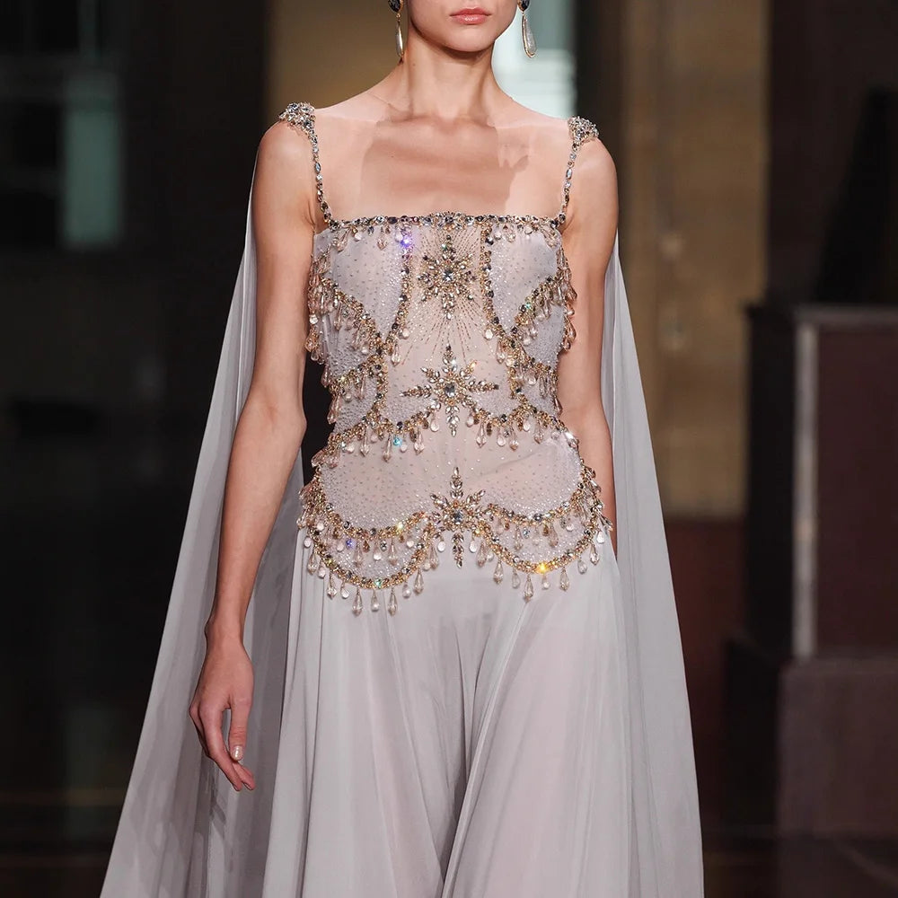 Luxury White Chiffon Cape Evening Dress with Beaded Bodice LA73123