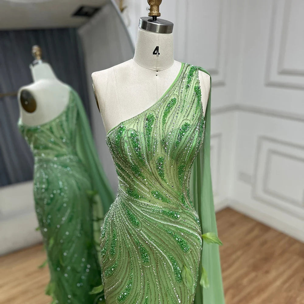 Green One-Shoulder Beaded Feathers Evening Gown with Side Cape Shawl LA72698