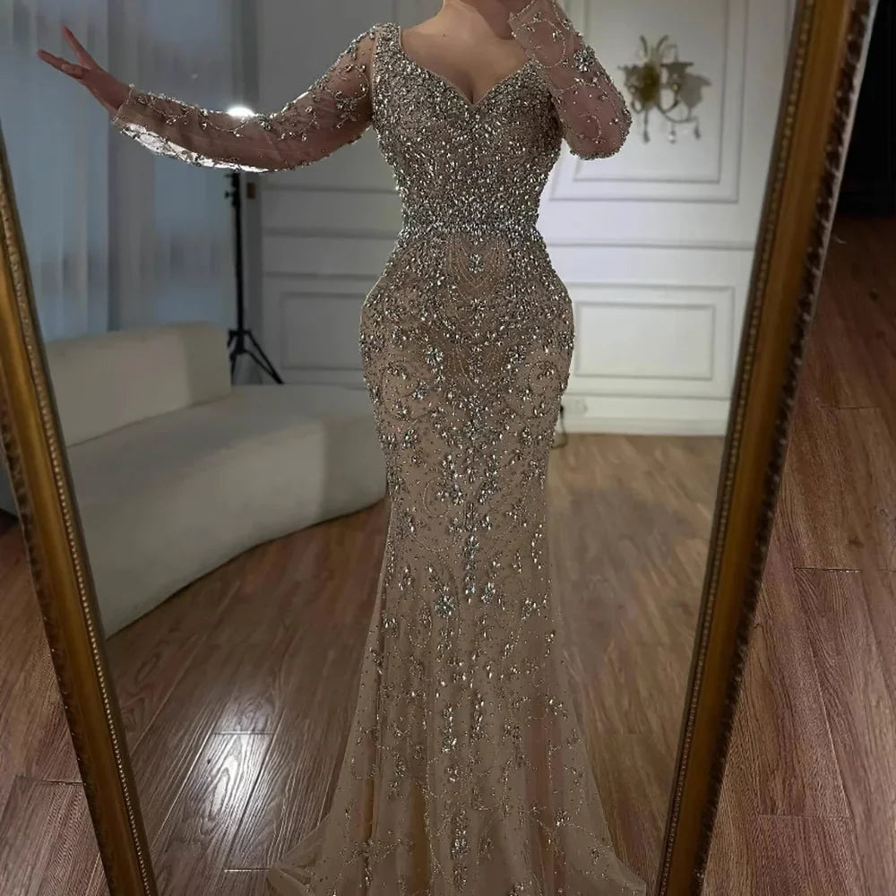 Luxury Nude Beaded Crystal Evening Dress with Long Sleeves LA73042