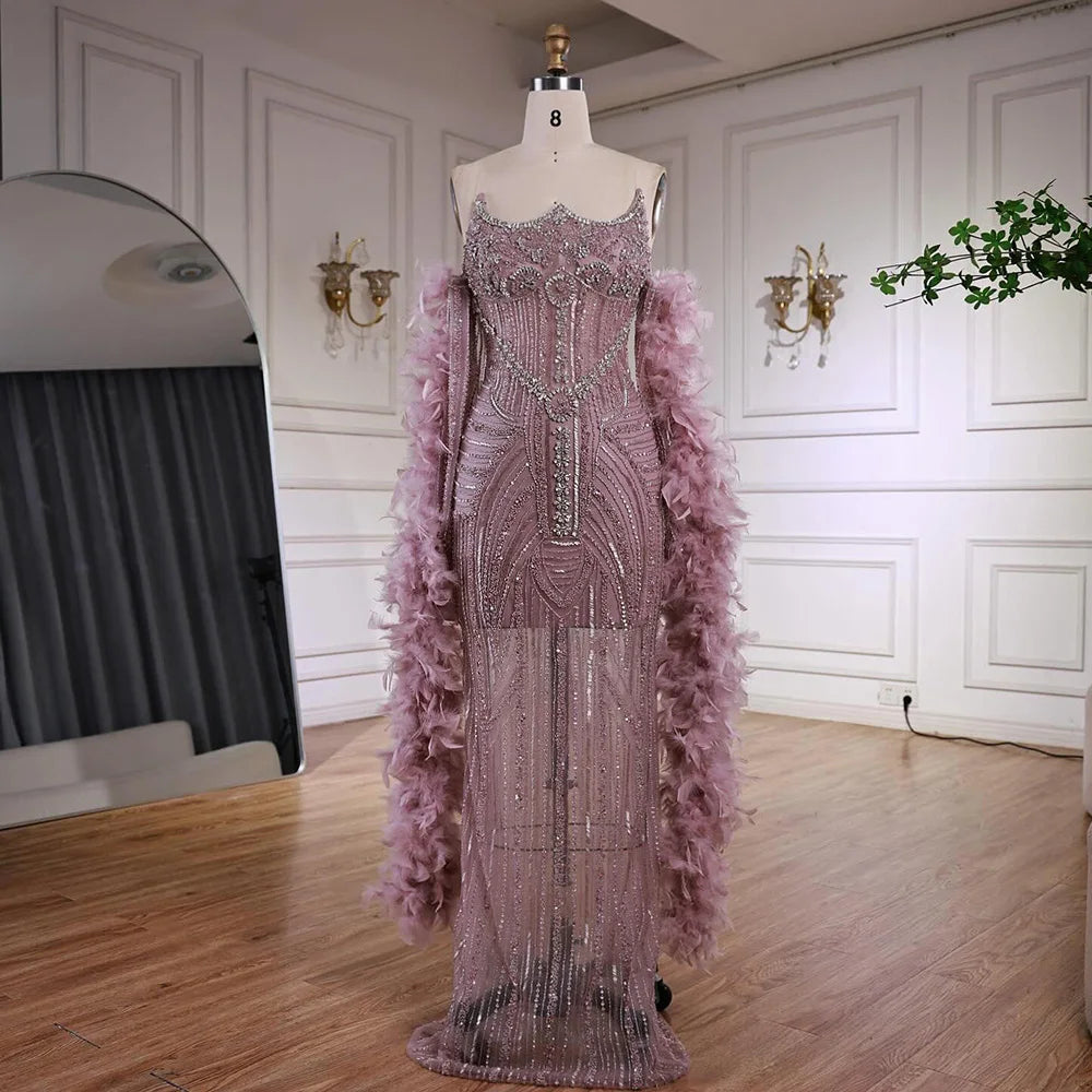 Luxury Caramel Beaded Evening Dress with Feather Sleeves LA73055