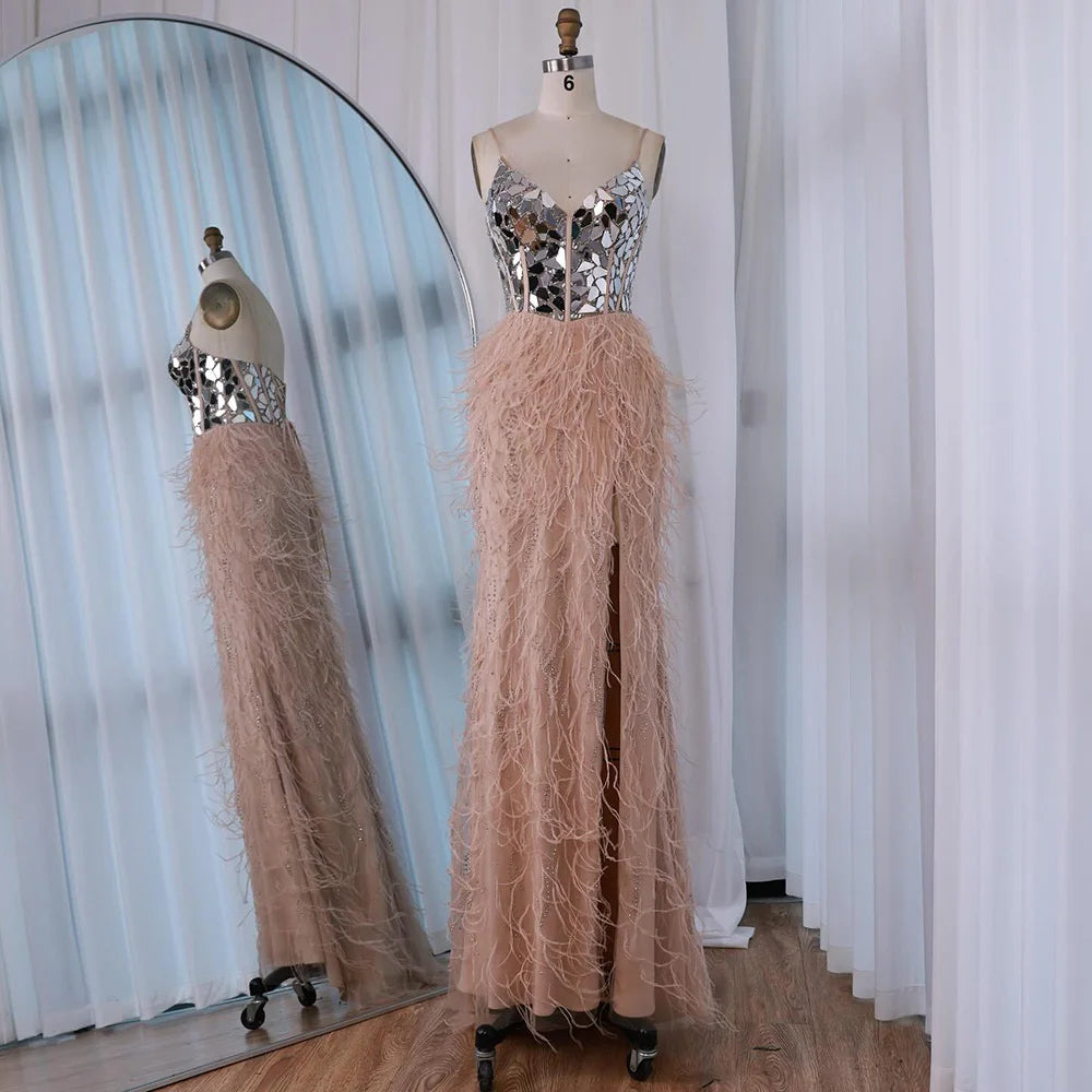 Luxury Peacock Blue Feather Evening Dress with Mirror Beaded Bodice LA73008