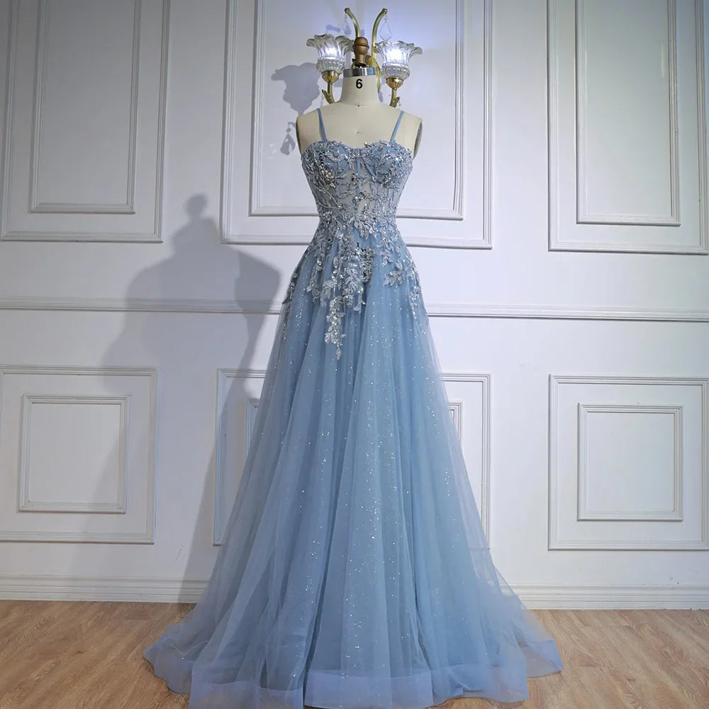Luxury Gray Tulle A Line Prom Dress with Floral Appliques LA73015