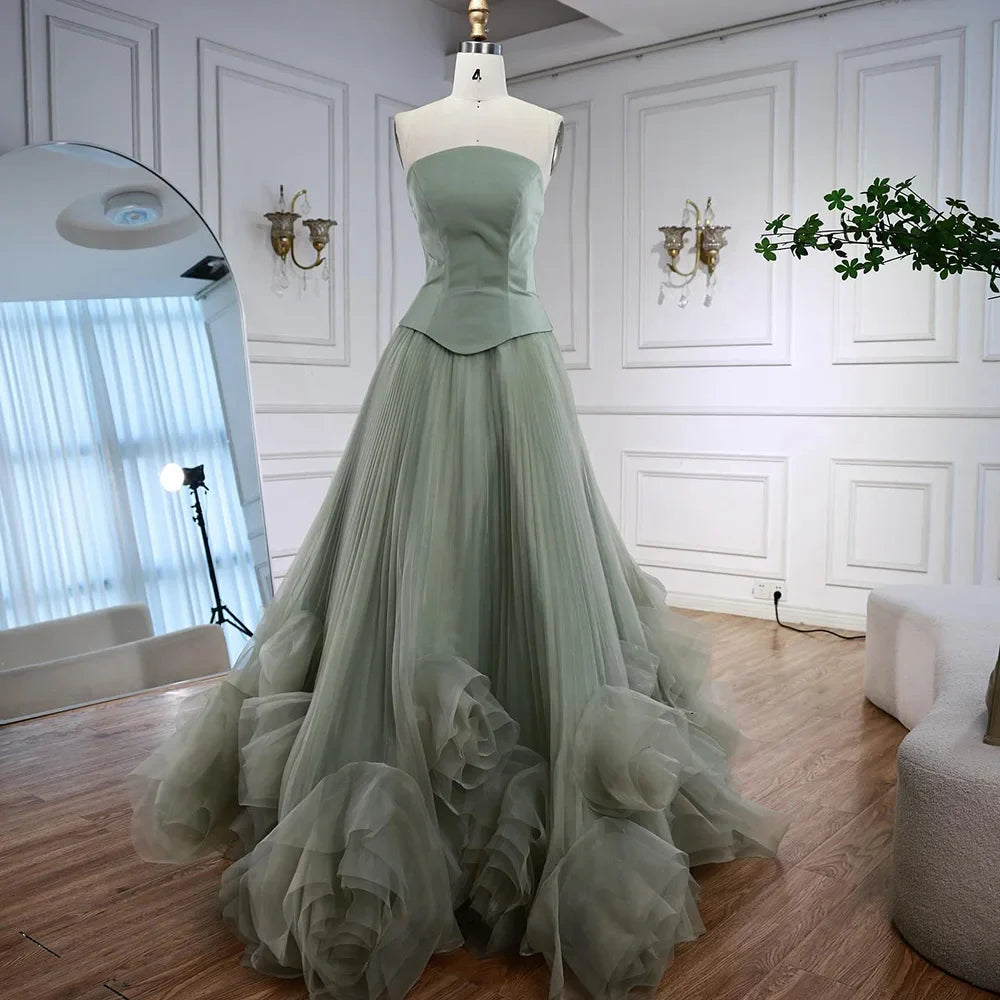 Elegant Sage Green 3D Flowers A Line Evening Dresses Gowns LA72913