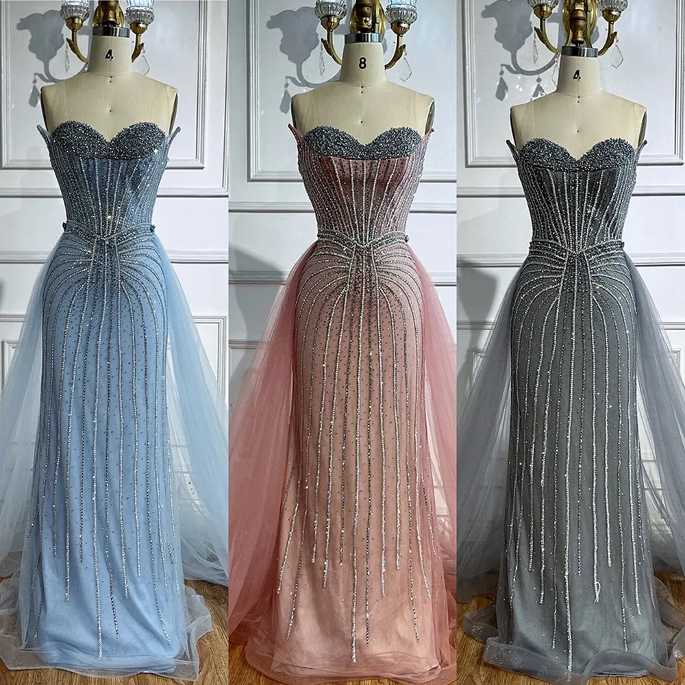 Strapless Pink Pearls Beaded Arabic Mermaid Evening Dress with Overskirt LA72811B