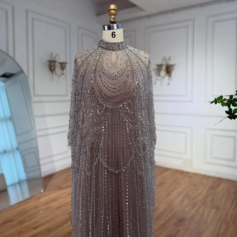 Luxury Silver Nude Beaded Mermaid Evening Dress with Cape LA72484A
