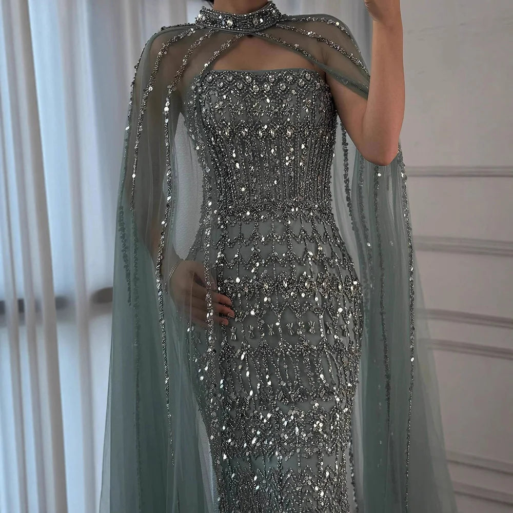 Luxury Turquoise Beaded Evening Dress with Detachable Cape LA72714B