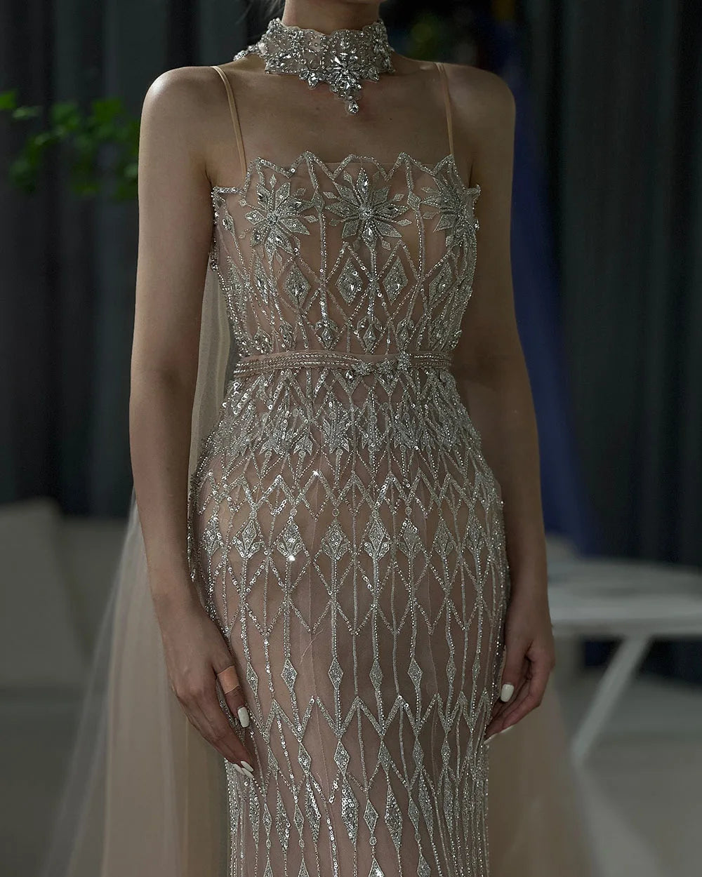 Luxury Nude Beaded Mermaid Evening Dress with Cape LA72711