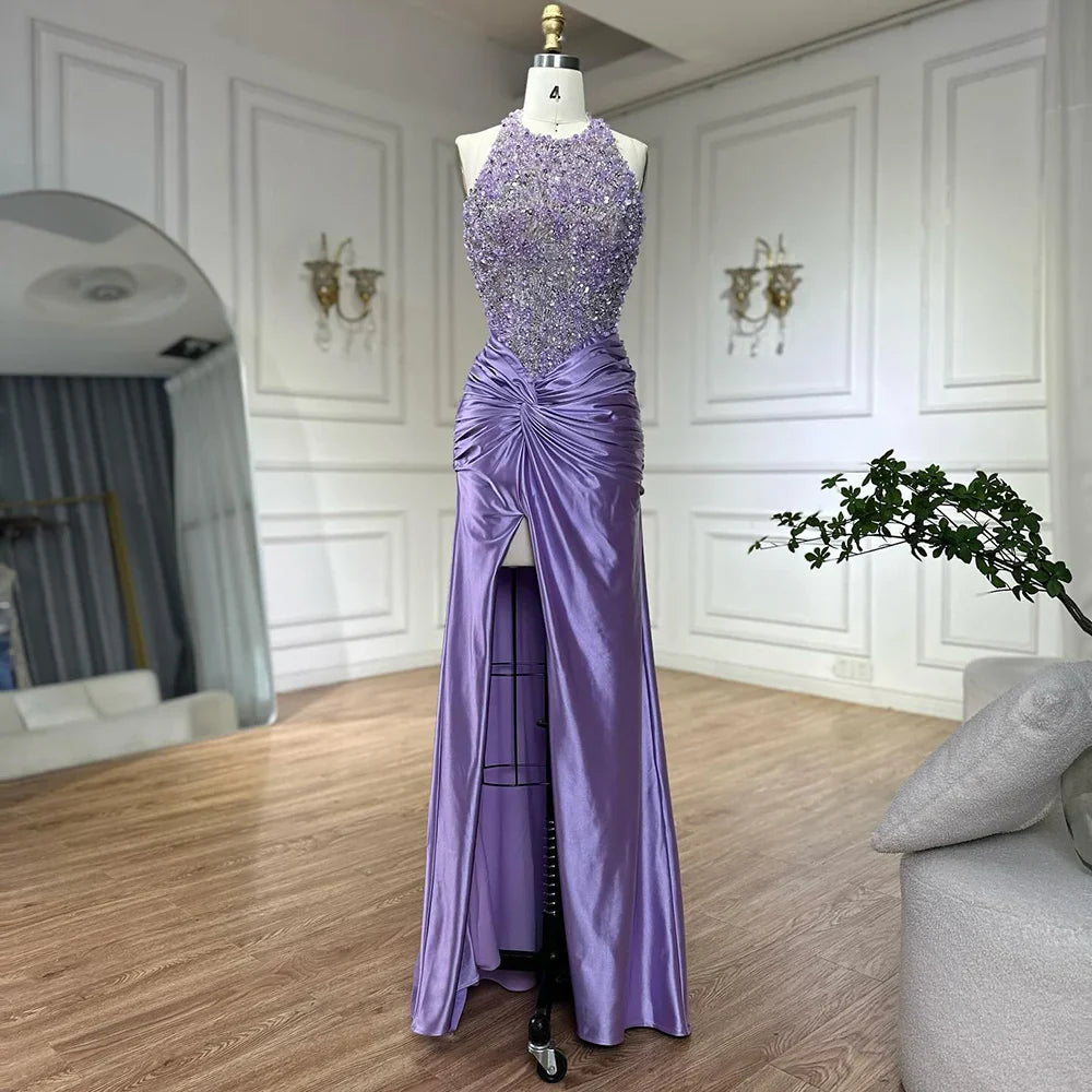 Luxury Dubai Lilac Halter Neck Satin Split Mermaid Evening Dress LA72668