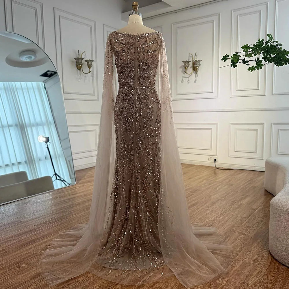 Luxury Caramel Beaded Evening Dress with Cape Sleeves LA73078