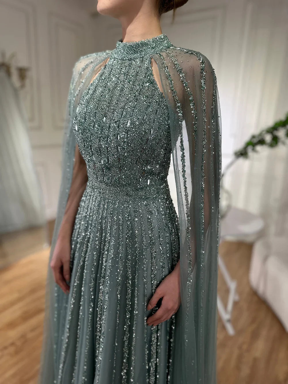 Luxury Caramel A-Line Cape Sleeve Beaded Evening Dress LA72306B