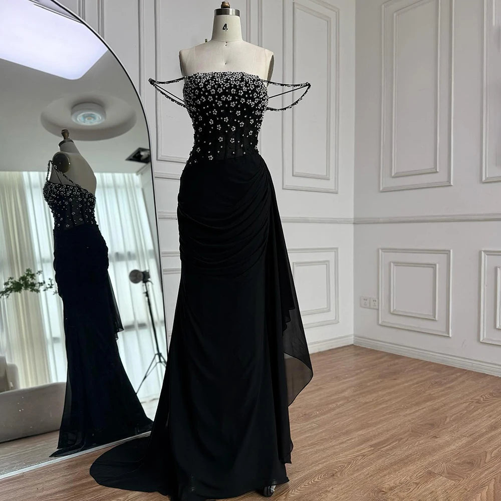 Luxury Black Beaded Mermaid Prom Dress with Spaghetti Straps LA73047