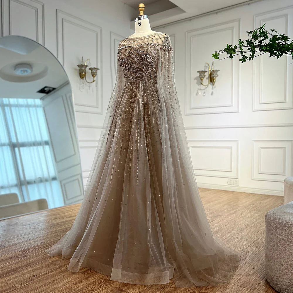 Luxury Caramel Beaded Evening Dress with Cape LA72994