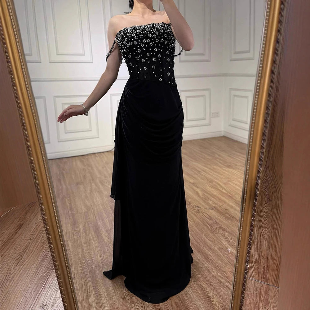 Luxury Black Beaded Mermaid Prom Dress with Spaghetti Straps LA73047
