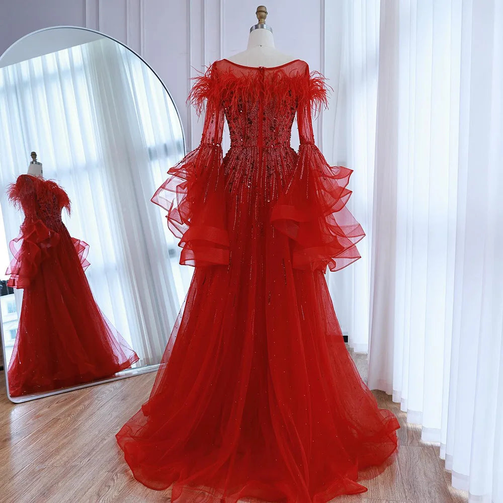 Luxury Red Feathered A-Line Evening Dress with Puffy Sleeves LA73080