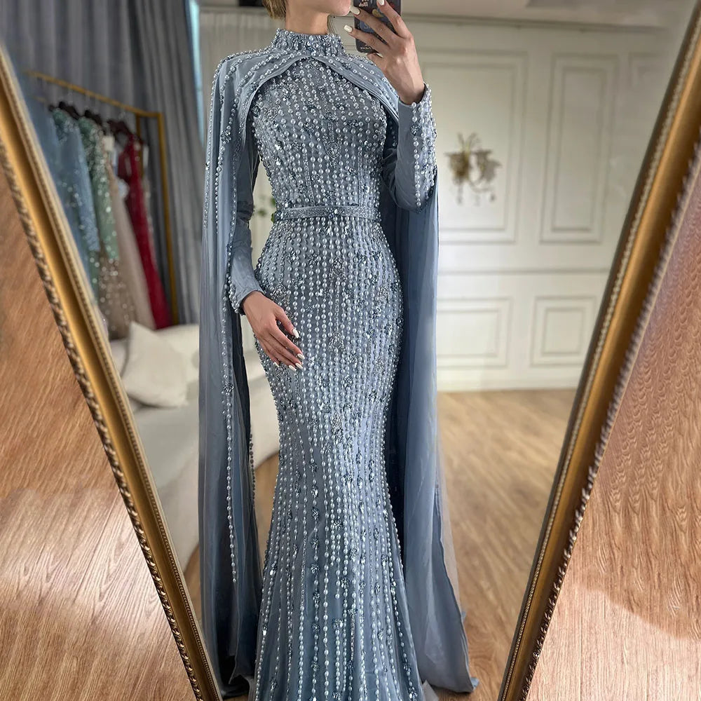 Modest Blue Muslim Beaded Evening Gown with Cape Sleeves LA72533