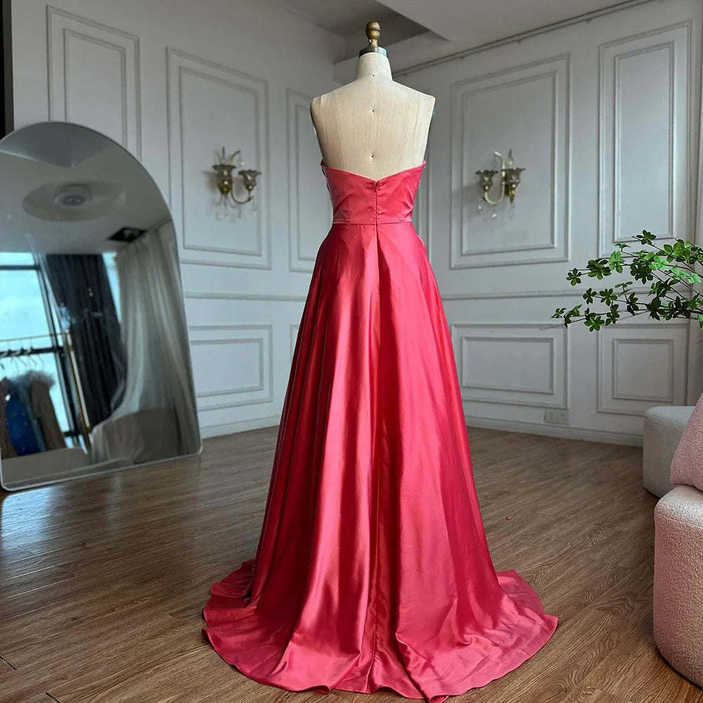 Luxury Pink Satin A-Line Beaded Evening Dress LA72195A