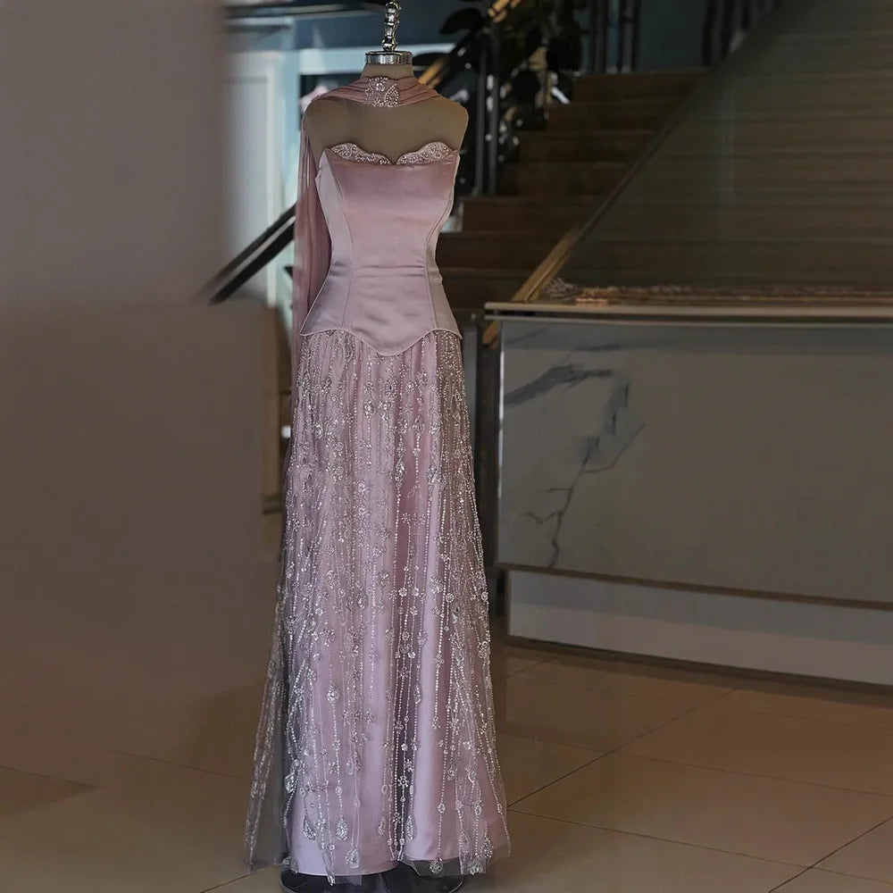 Luxury Sage Green and Pink Arabic Strapless Beaded Evening Dress LA72805D