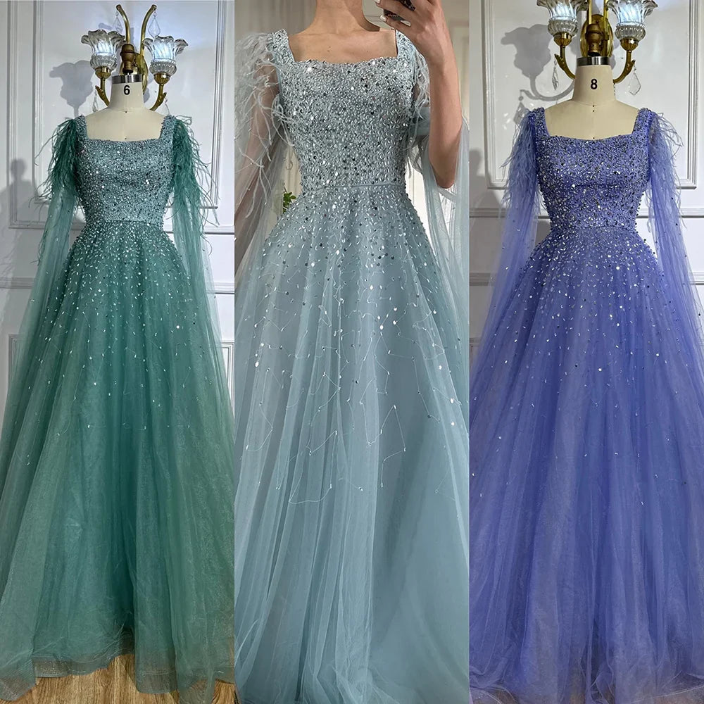 Luxury Blue A-Line Feathers Beaded Evening Dress with Cape Sleeves LA71782A