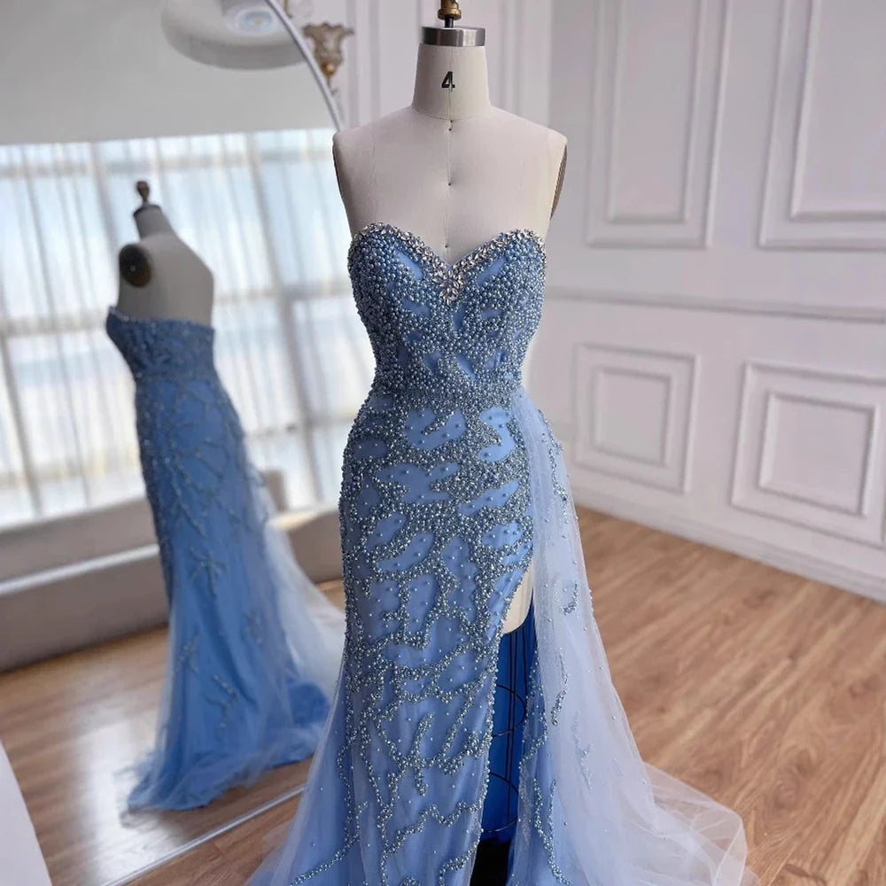 Luxury Dubai Saudi Arabic Blue Beaded Evening Gown Formal Slit LA72877