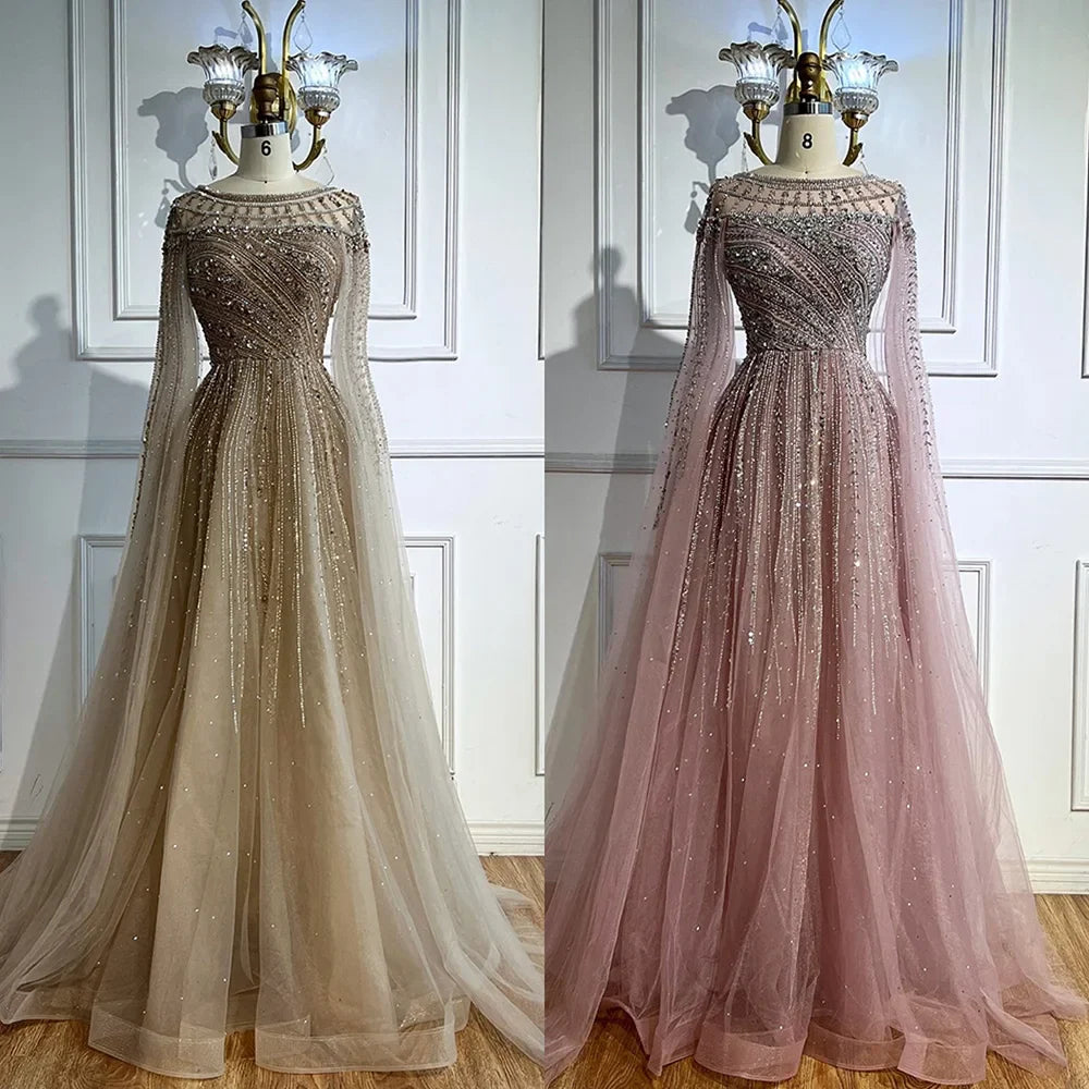 Luxury Caramel Beaded Evening Dress with Cape LA72994