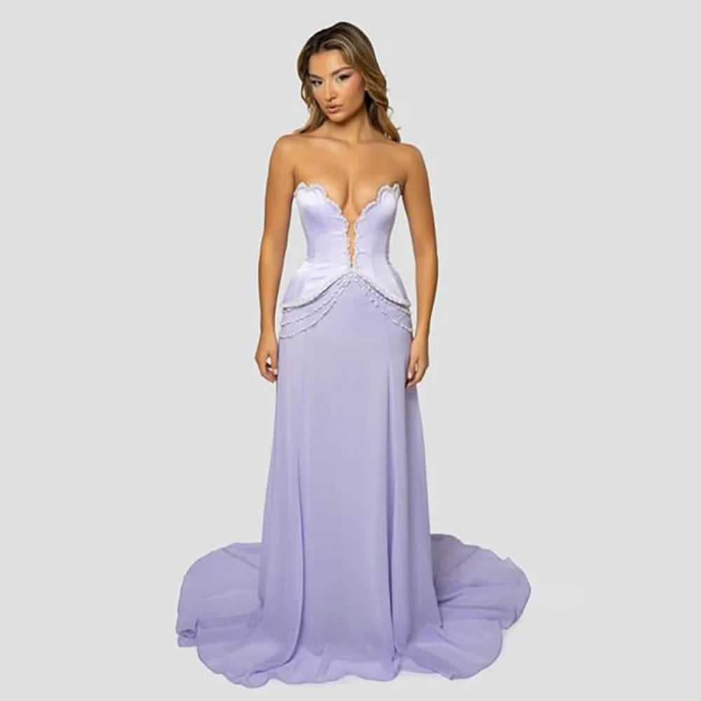 Luxury Dubai Arabic Lilac Beaded Mermaid Satin Evening Dresses Gowns for Formal Occasion LA72808